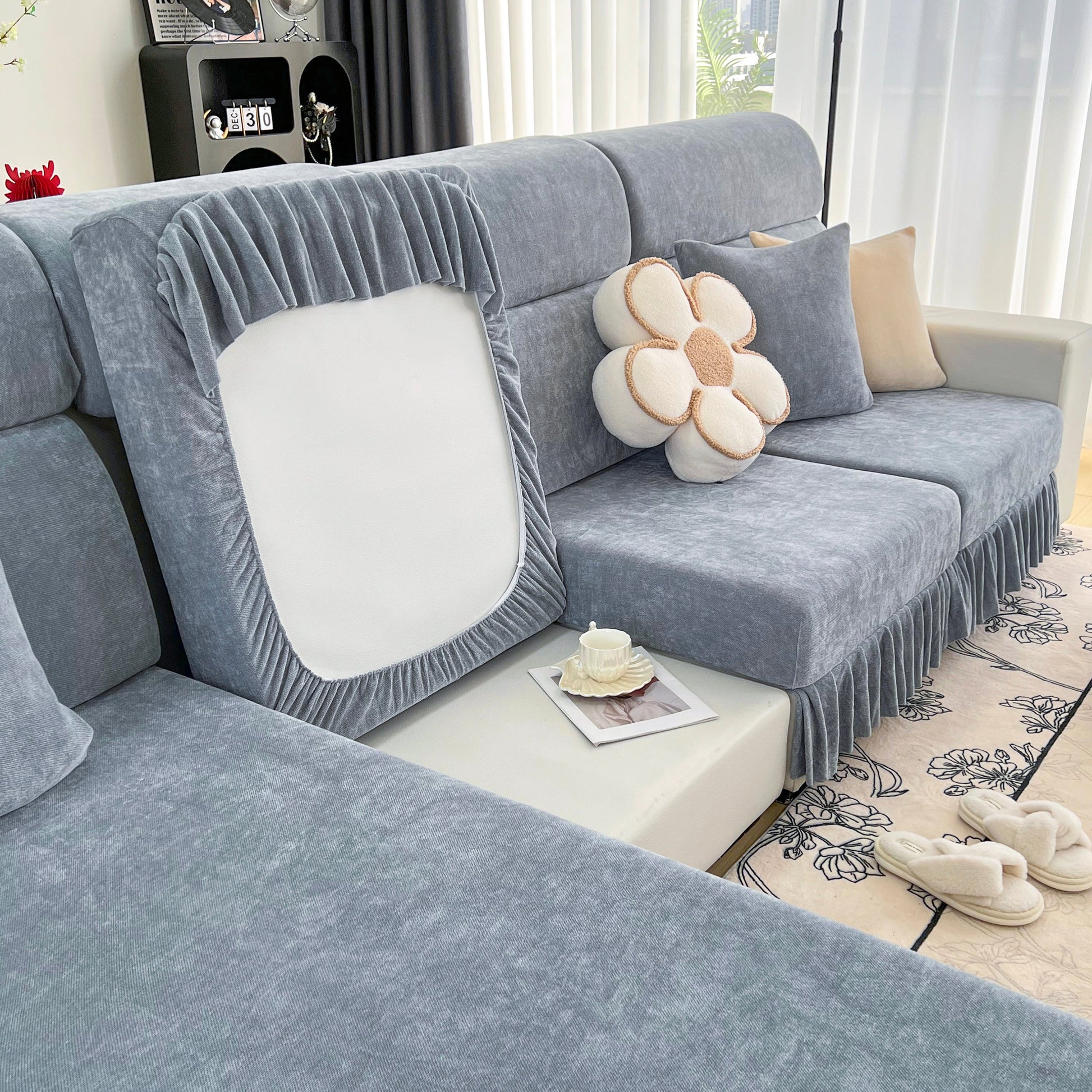 Universal Elastic Skirt Sofa Slipcover, Stretch Sofa Cushion Cover For Bedroom Office Living Room shown on a living room sofa