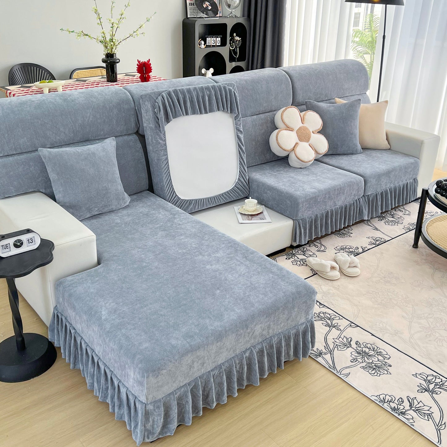 Universal Elastic Skirt Sofa Slipcover, Stretch Sofa Cushion Cover For Bedroom Office Living Room in a stylish modern setting
