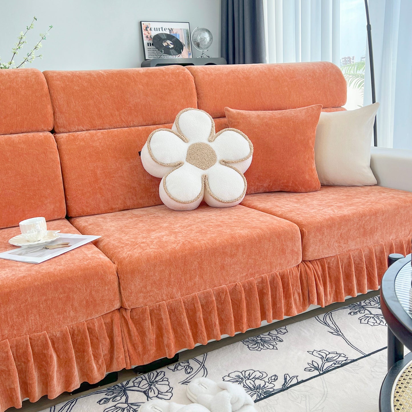 Universal Elastic Skirt Sofa Slipcover, Stretch Sofa Cushion Cover For Bedroom Office Living Room in orange chenille fabric