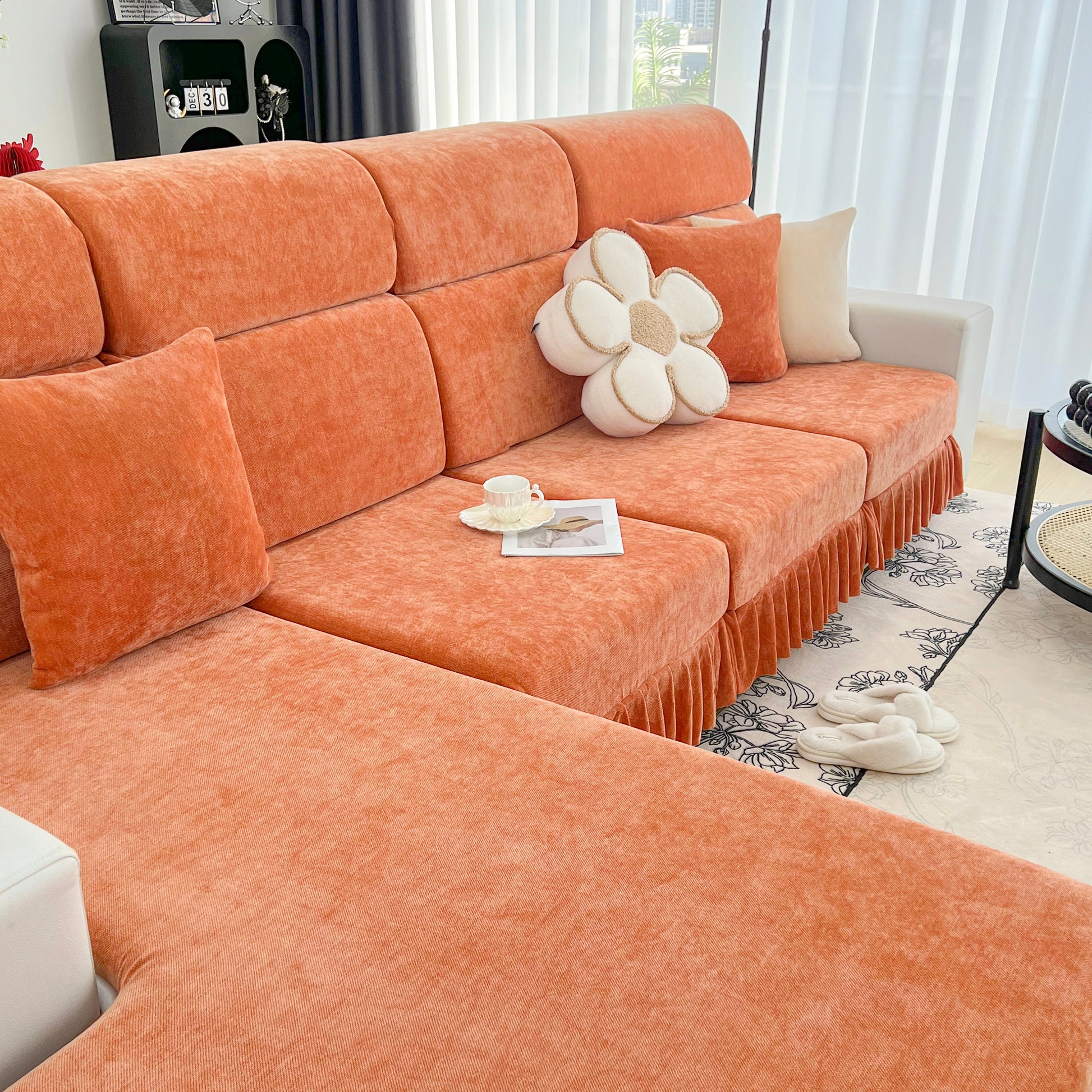 Universal Elastic Skirt Sofa Slipcover, Stretch Sofa Cushion Cover For Bedroom Office Living Room in orange chenille fabric.