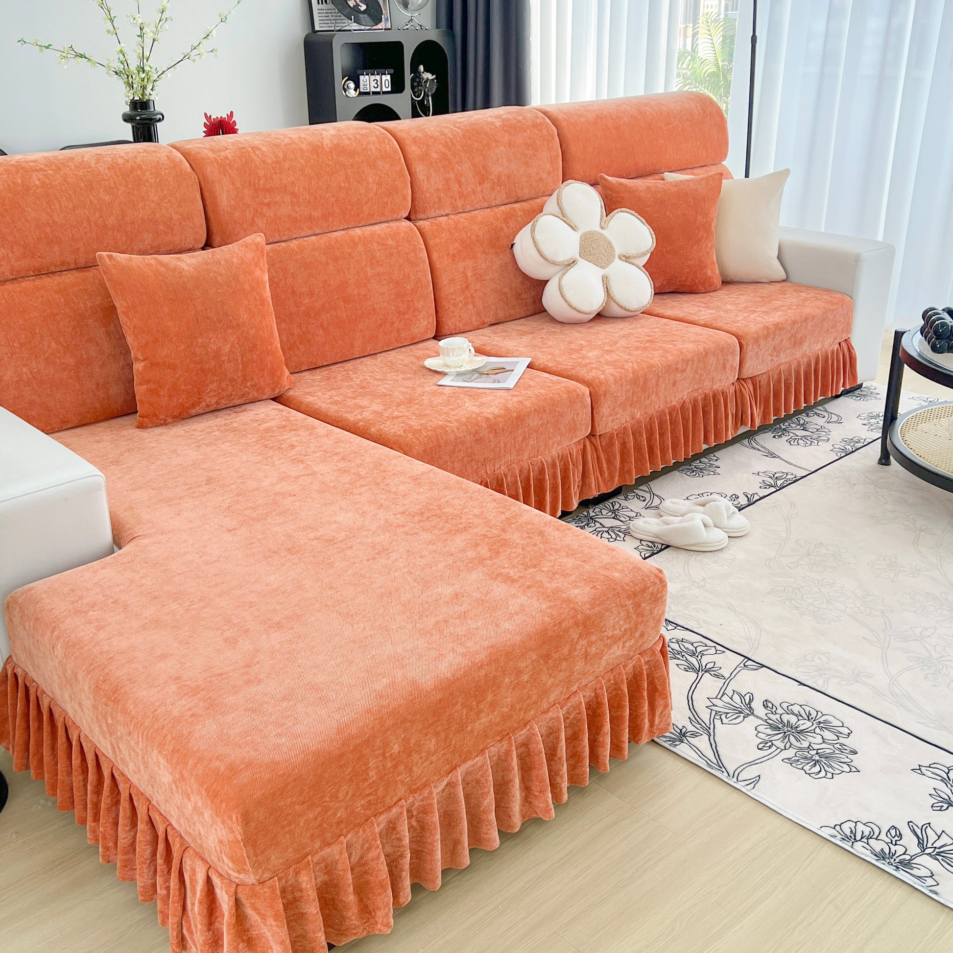 Universal Elastic Skirt Sofa Slipcover, Stretch Sofa Cushion Cover For Bedroom Office Living Room in orange Chenille fabric