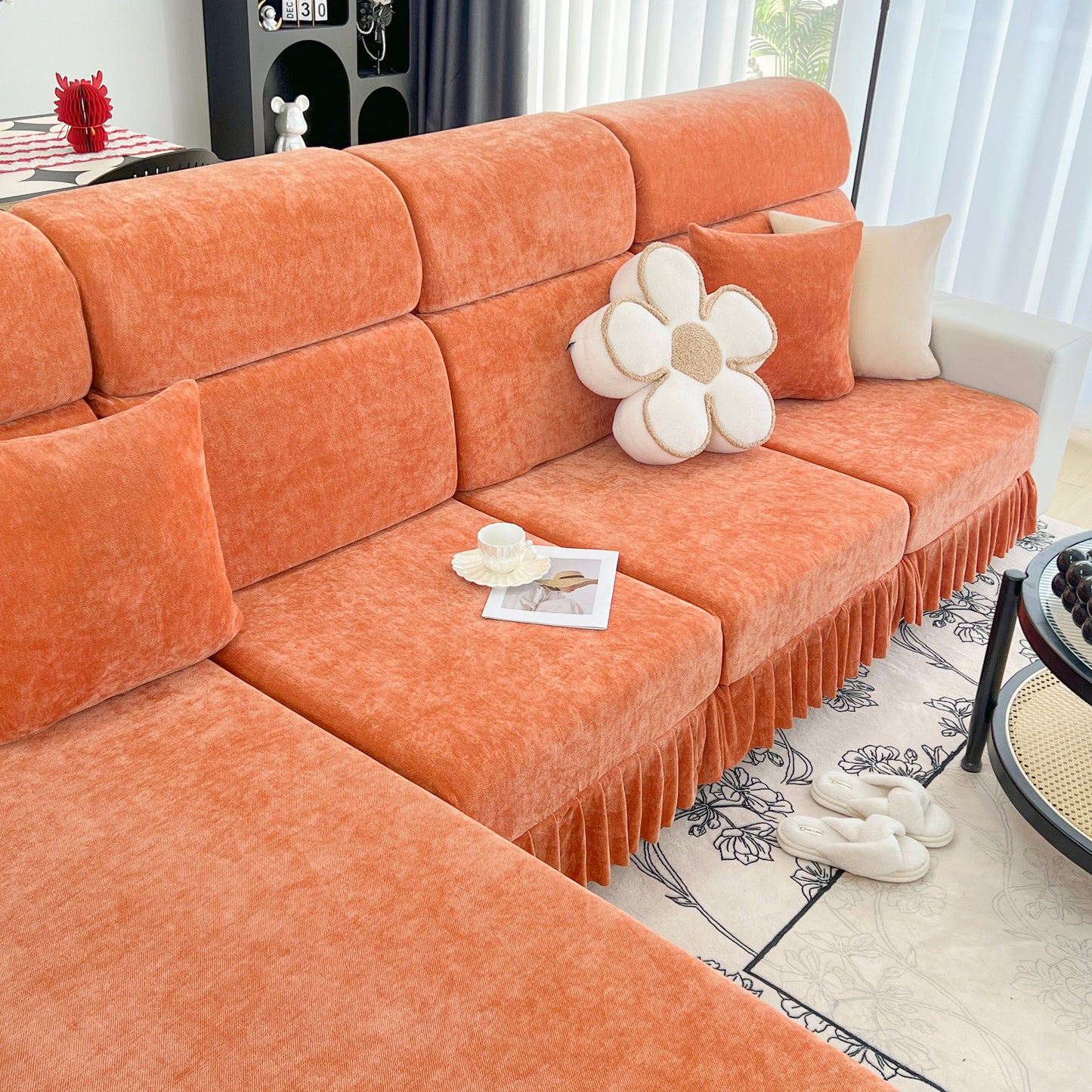 Universal Elastic Skirt Sofa Slipcover, Stretch Sofa Cushion Cover For Bedroom Office Living Room in orange Chenille fabric on modern sofa