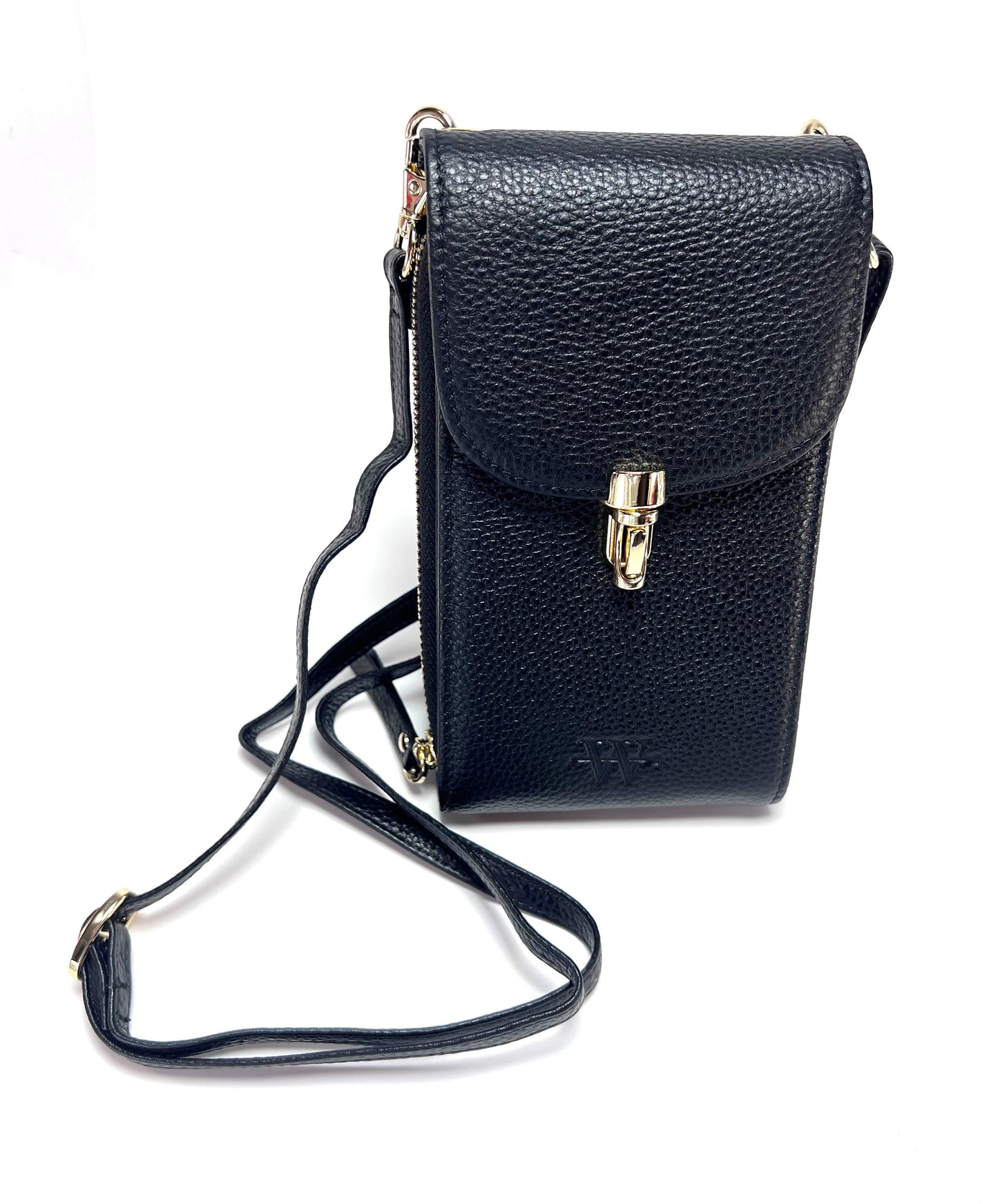 Elegant black Country Club Clutches in premium textured leather with metal snap closure and adjustable strap.