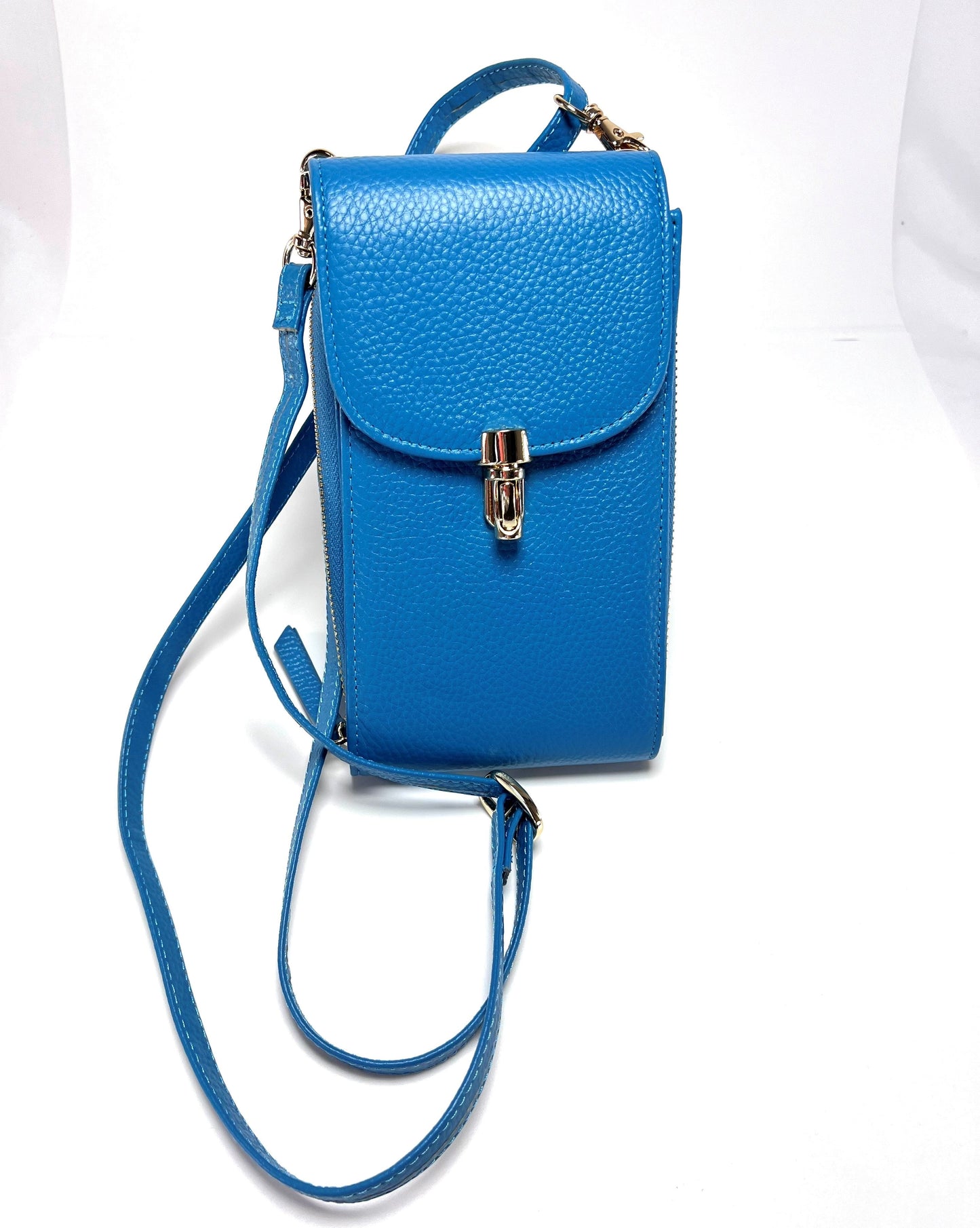 Blue Country Club Clutches leather bag with strap and metal snap closure