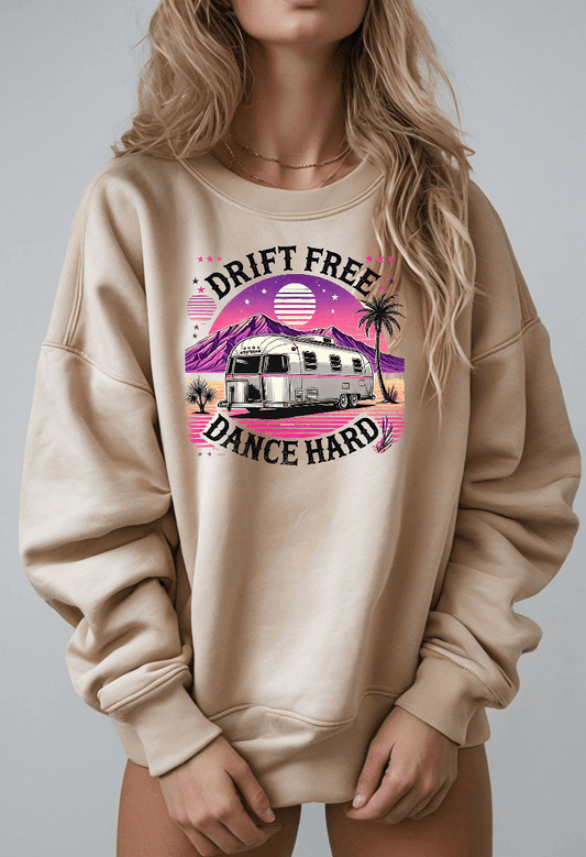Drift Free, Dance Hard Women's Sweatshirt with desert Airstream design, pink and lavender hues
