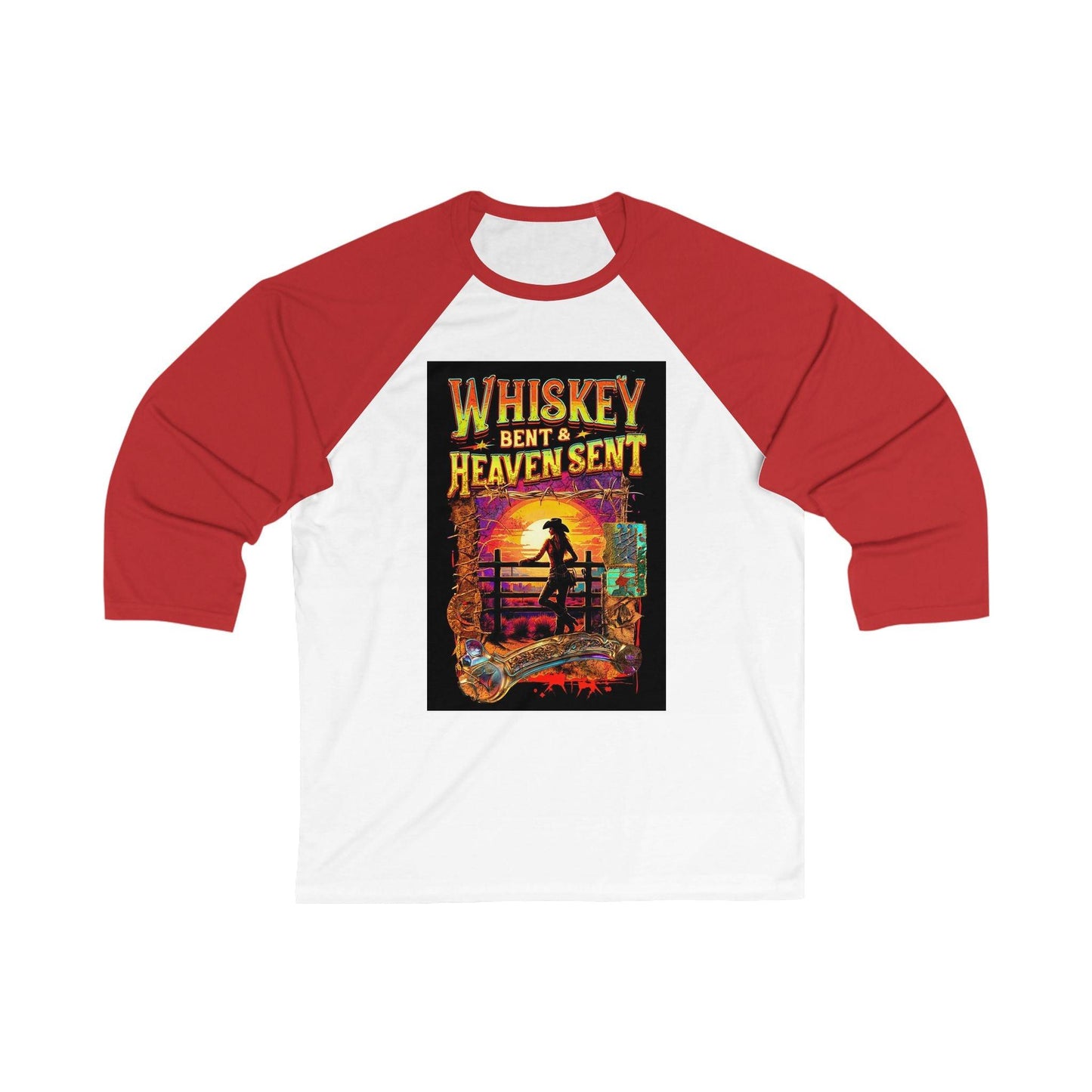 Whiskey Bent and Heaven Sent 3/4 Sleeve Baseball Tee with cowgirl graphic, white and red sleeves.