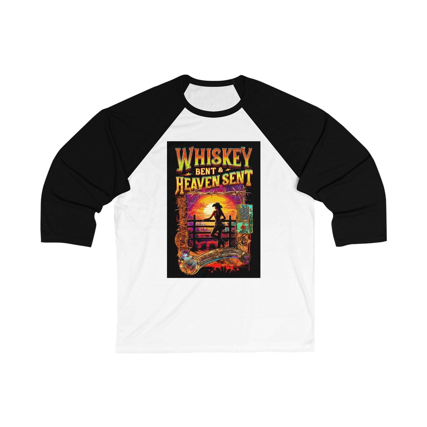 Whiskey Bent and Heaven Sent 3/4 Sleeve Baseball Tee with cowgirl sunset graphic on white/black sleeves.