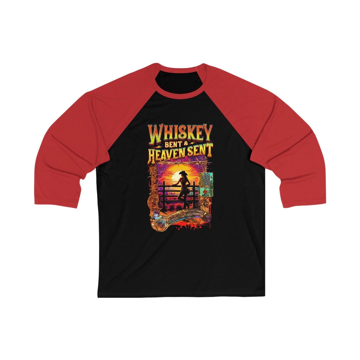 Whiskey Bent and Heaven Sent 3/4 Sleeve Baseball Tee with cowgirl graphic against sunset, black and red design.