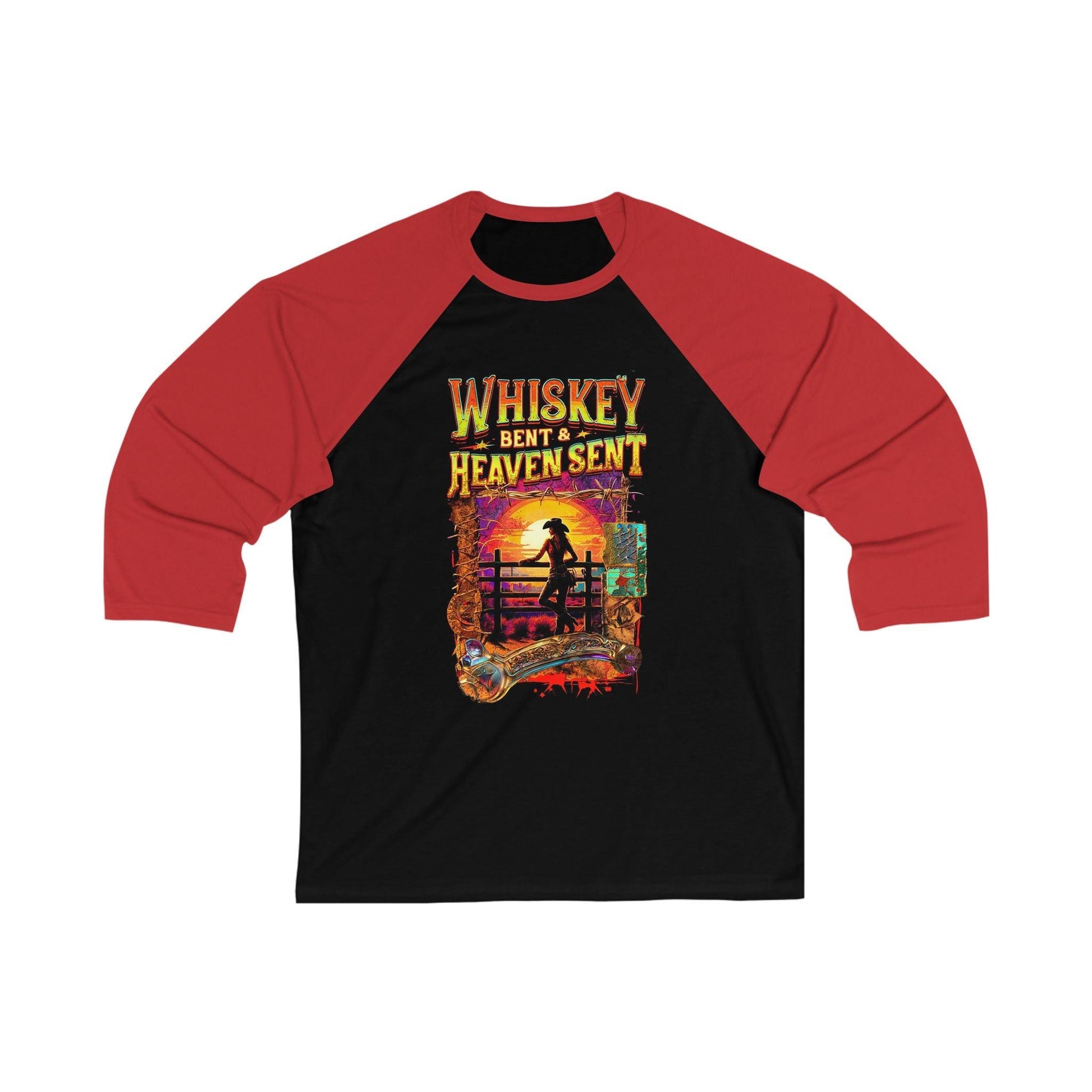 Whiskey Bent and Heaven Sent 3/4 Sleeve Baseball Tee with cowgirl graphic against sunset, black and red design.