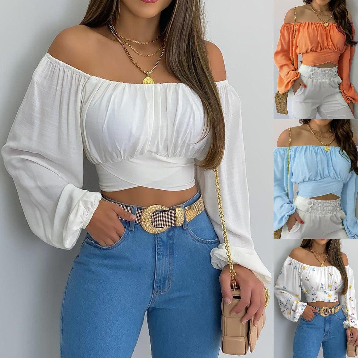 Off Shoulder Cross Tie Long Sleeve Top | Sexy & Trendy Cowgirl Look in various colors - fashion and style
