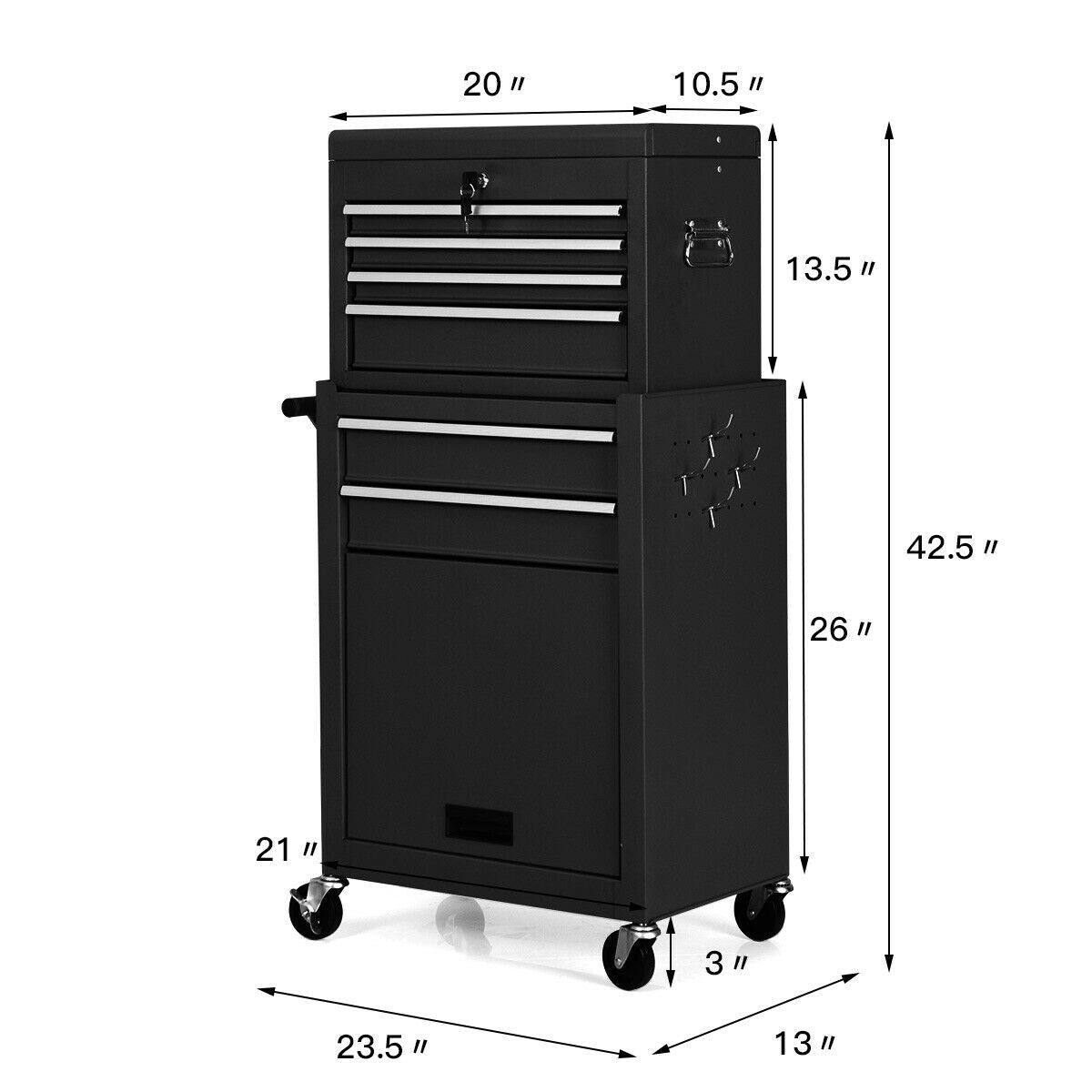 Rolling Cabinet Storage Chest Box Garage Toolbox-Black with dimensions featuring lockable design, ball-bearing drawers, and universal wheels.