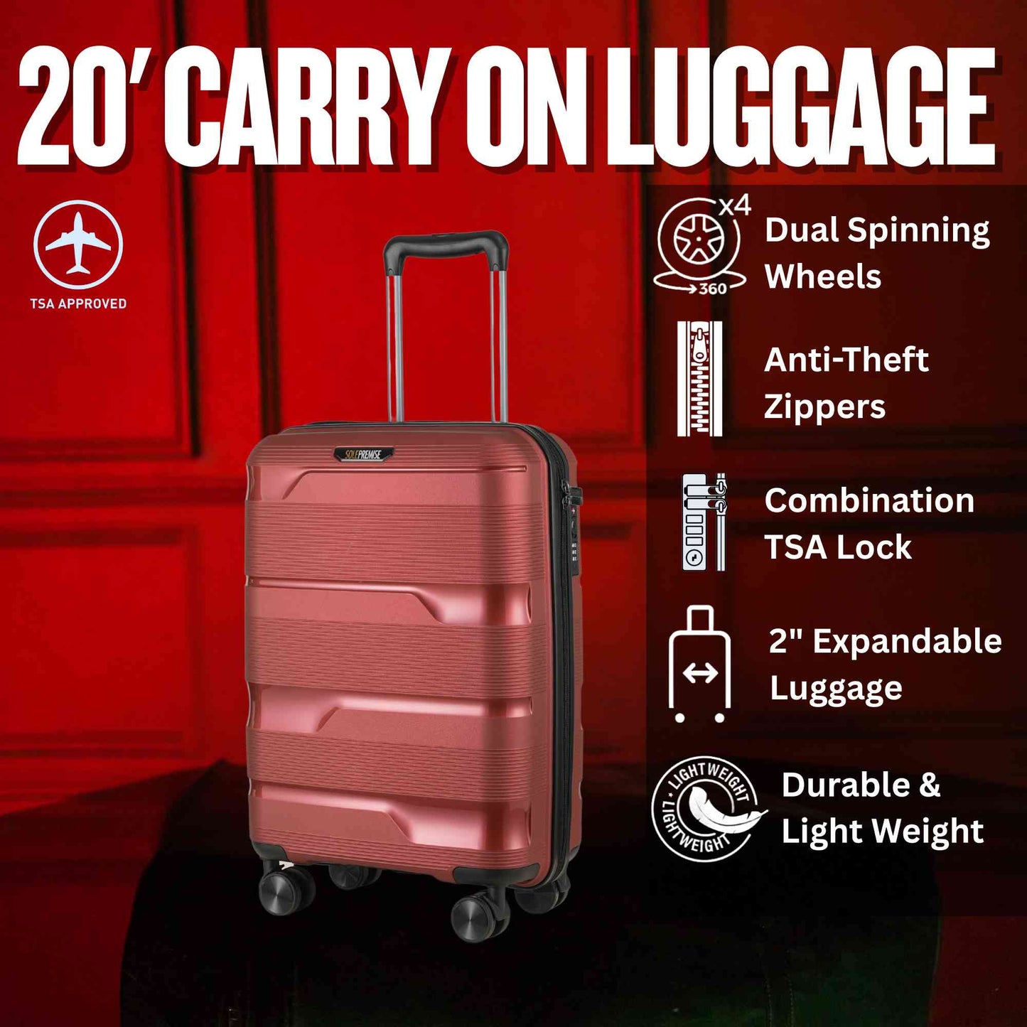 20-inch Red Carry-On Hardcase Roller Luggage