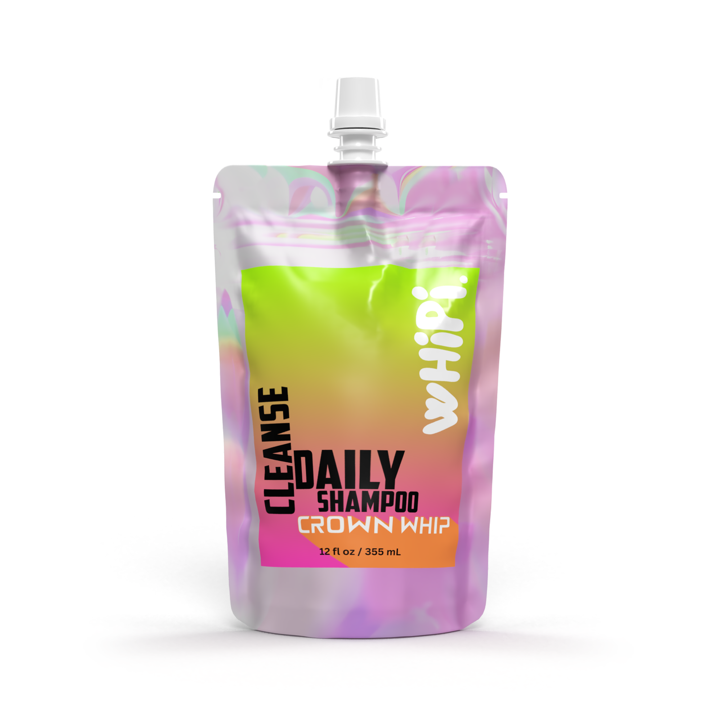 Image of Cleanse – Crown Whip Daily Shampoo in a colorful pouch, ideal for hydration, clarification, and balanced hair care.