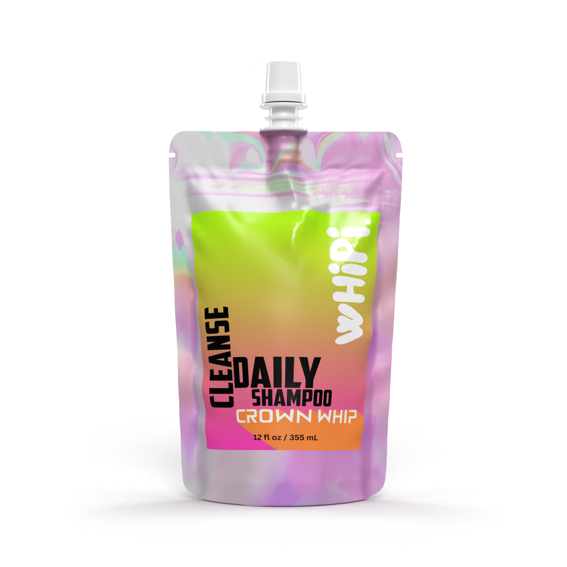 Image of Cleanse – Crown Whip Daily Shampoo in a colorful pouch, ideal for hydration, clarification, and balanced hair care.