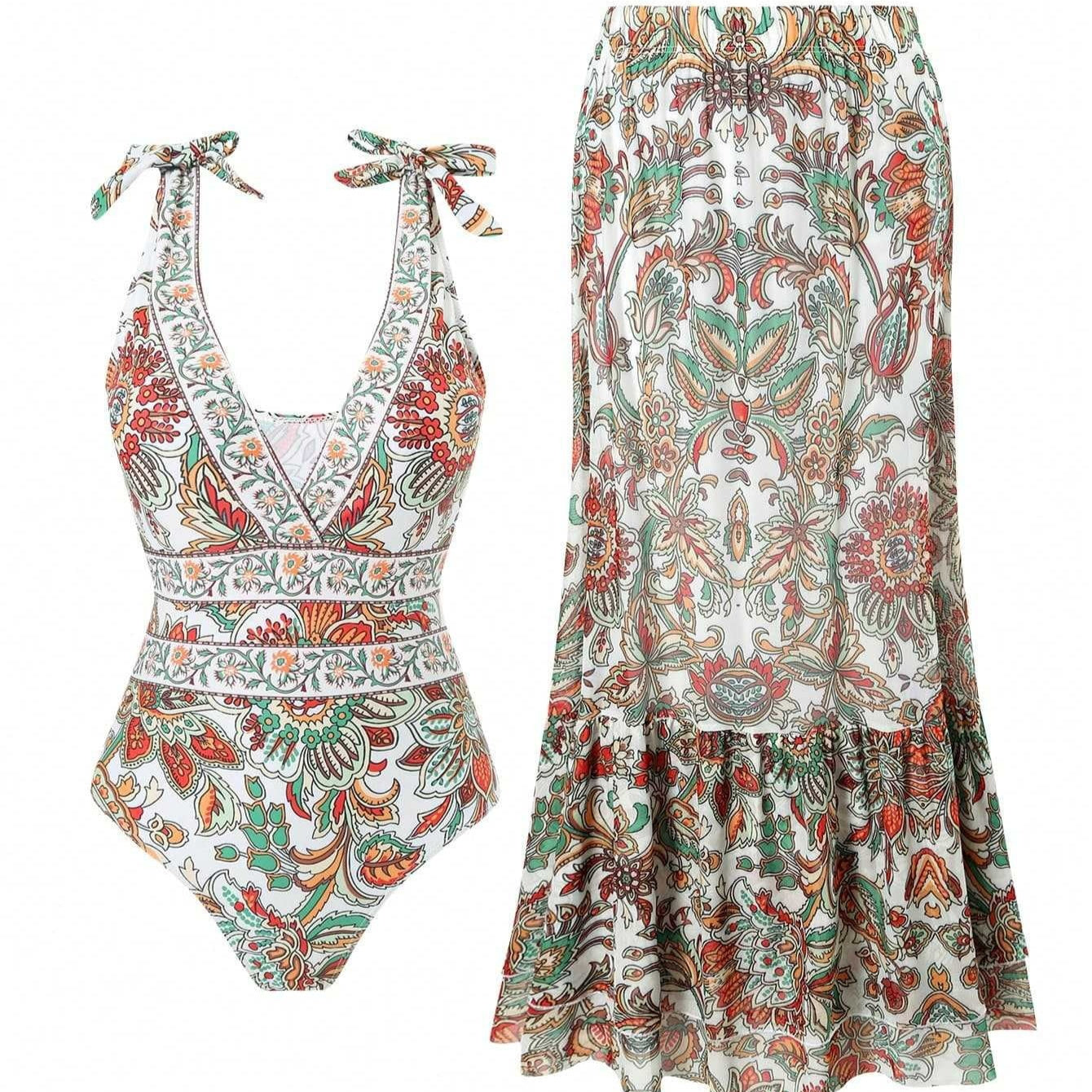 Ethnic Style One-piece Swimsuit For Women Beach Suit with tribal-inspired print and long matching skirt