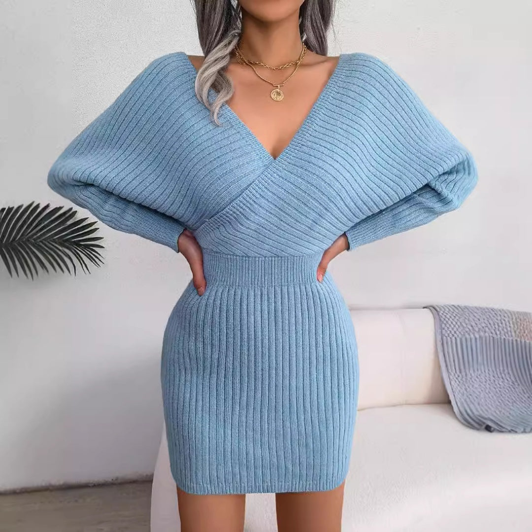 Cross V-Neck Bat-Sleeve Hairy Dress – Autumn/Winter