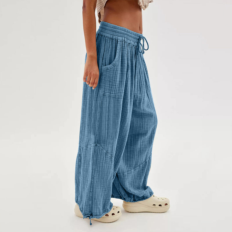 Women’s Solid Color Wide Leg Pants – Elastic Drawstring Waist and Side Pockets