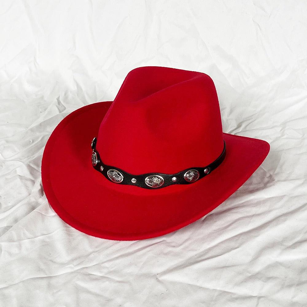 The Outlaw Western Cowboy Hat - Classic Bell Shaped Design, Durable and Stylish for All Seasons in bold red with decorative band.