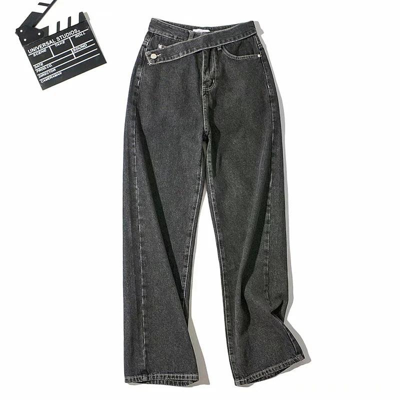 Retro Oblique Belted High Waist Straight Wide Leg Jeans for Cowgirls in black denim