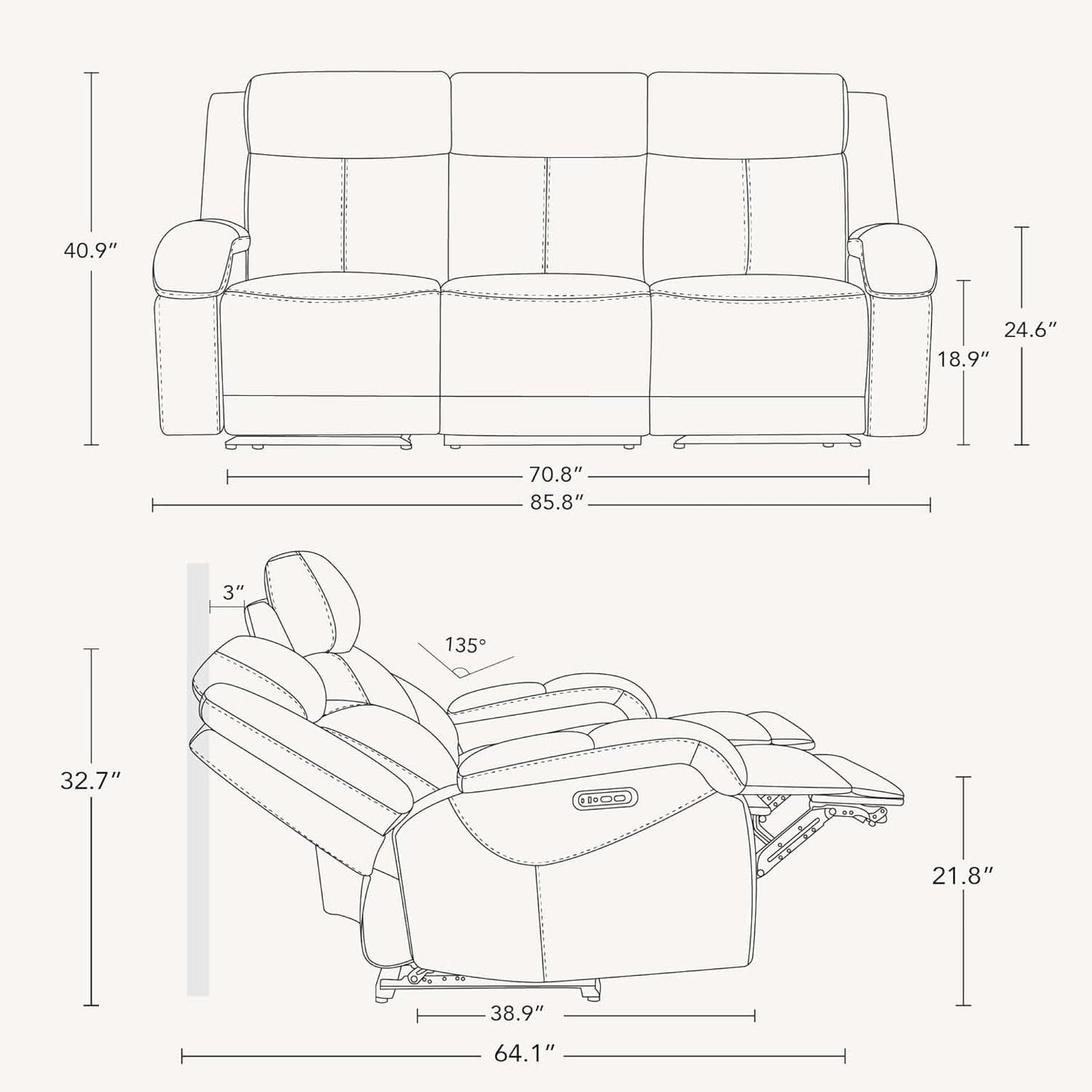 Navy Genuine Leather Power Recliner Sofa With USB Type C
