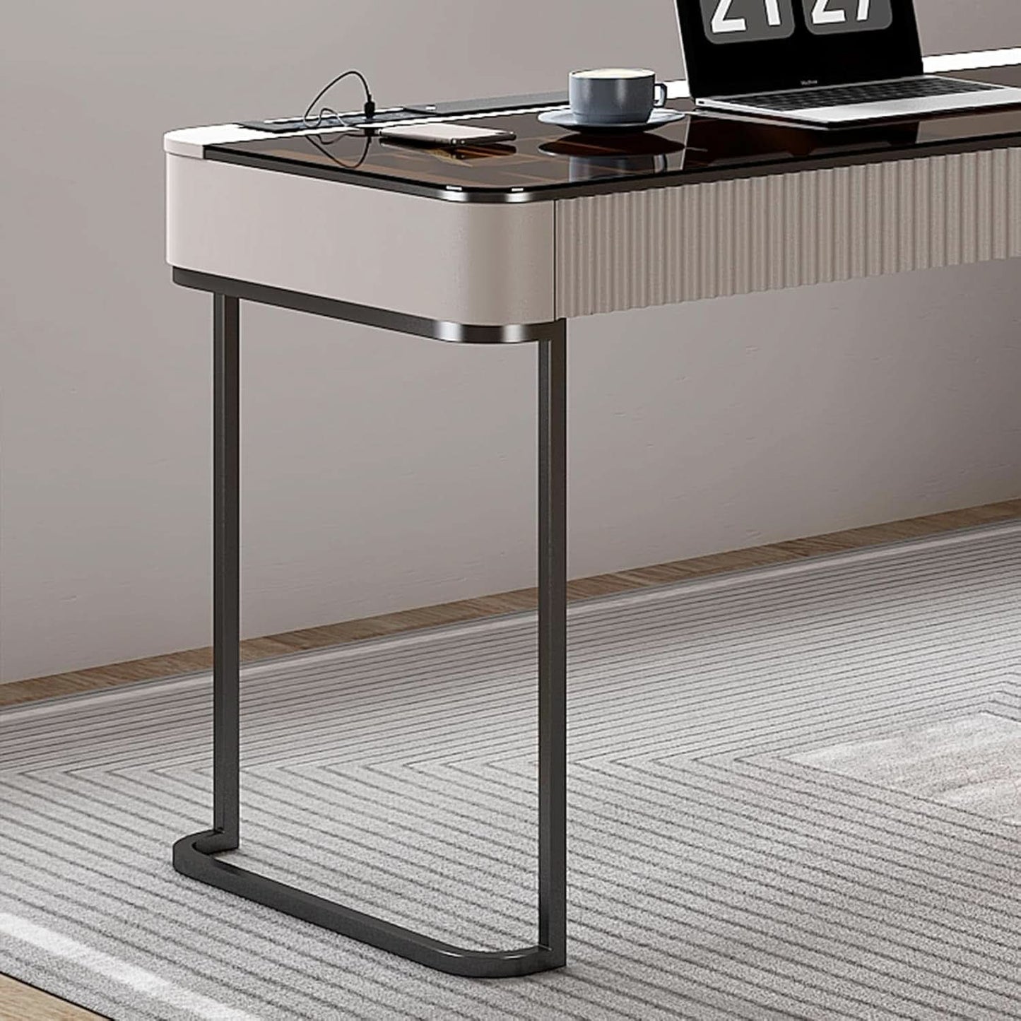 Ivory 50 Inch Office Computer Desk With Cabinet LED lights
