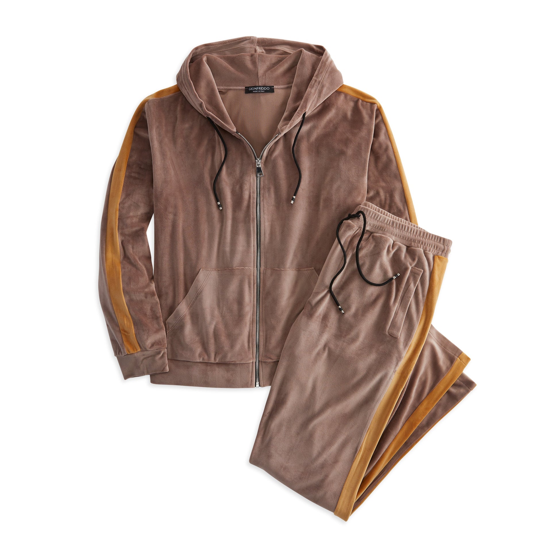 Gionfriddo Velour Warm up set with stripe detail, drawstring pants, and side pockets, medium weight soft velour for a stylish look.