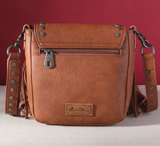 Montana West Fringe Mariposa Concho Collection Crossbody in rich brown with antique silver daisy studs and signature conchos.