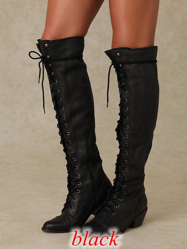 Black Women’s Over-the-Knee Boots – Round Toe Stylish Tall Winter Boots with lace-up design.