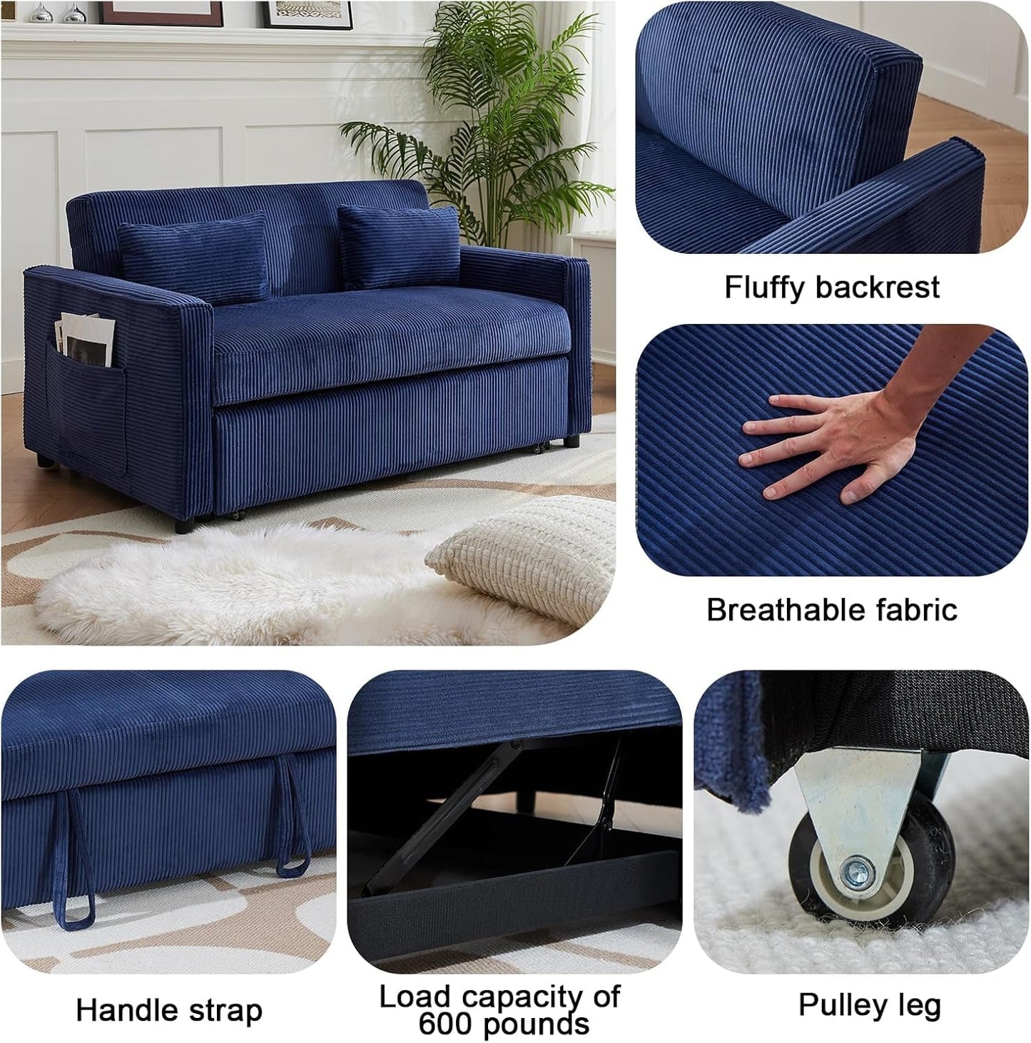 Navy Corduroy Convertible Sleeper Sofa Bed Pockets with fluffy backrest, breathable fabric, handle strap, 600 lb load, and pulley leg.