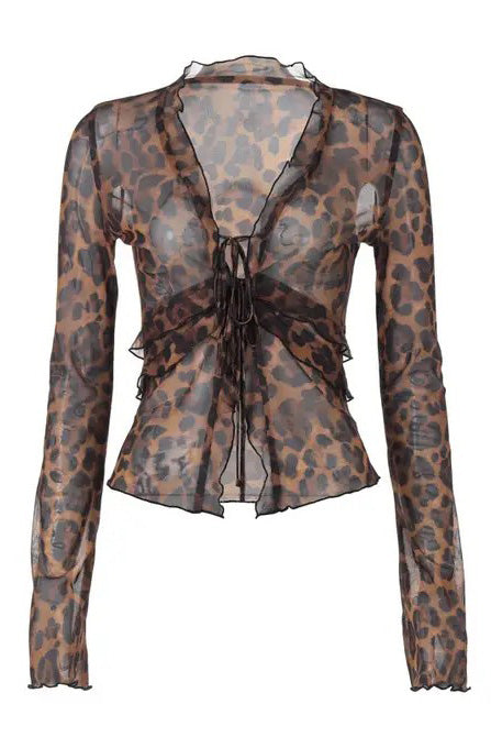 Leopard Print Mesh ruffled top