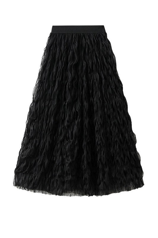 Midi Mesh Skirt with elegant layered tulle design in black, flattering and romantic silhouette for special occasions or elegant everyday wear.