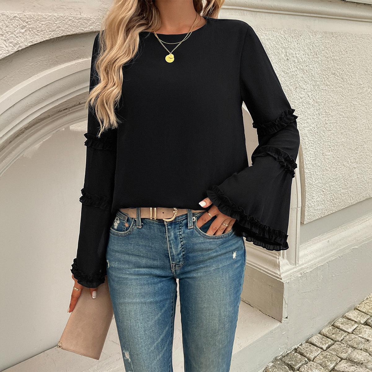 Elegant Socialite Trumpet Sleeved Top – Stylish Ruffled Blouse for Trendy Women, featuring dramatic trumpet sleeves and delicate ruffles.