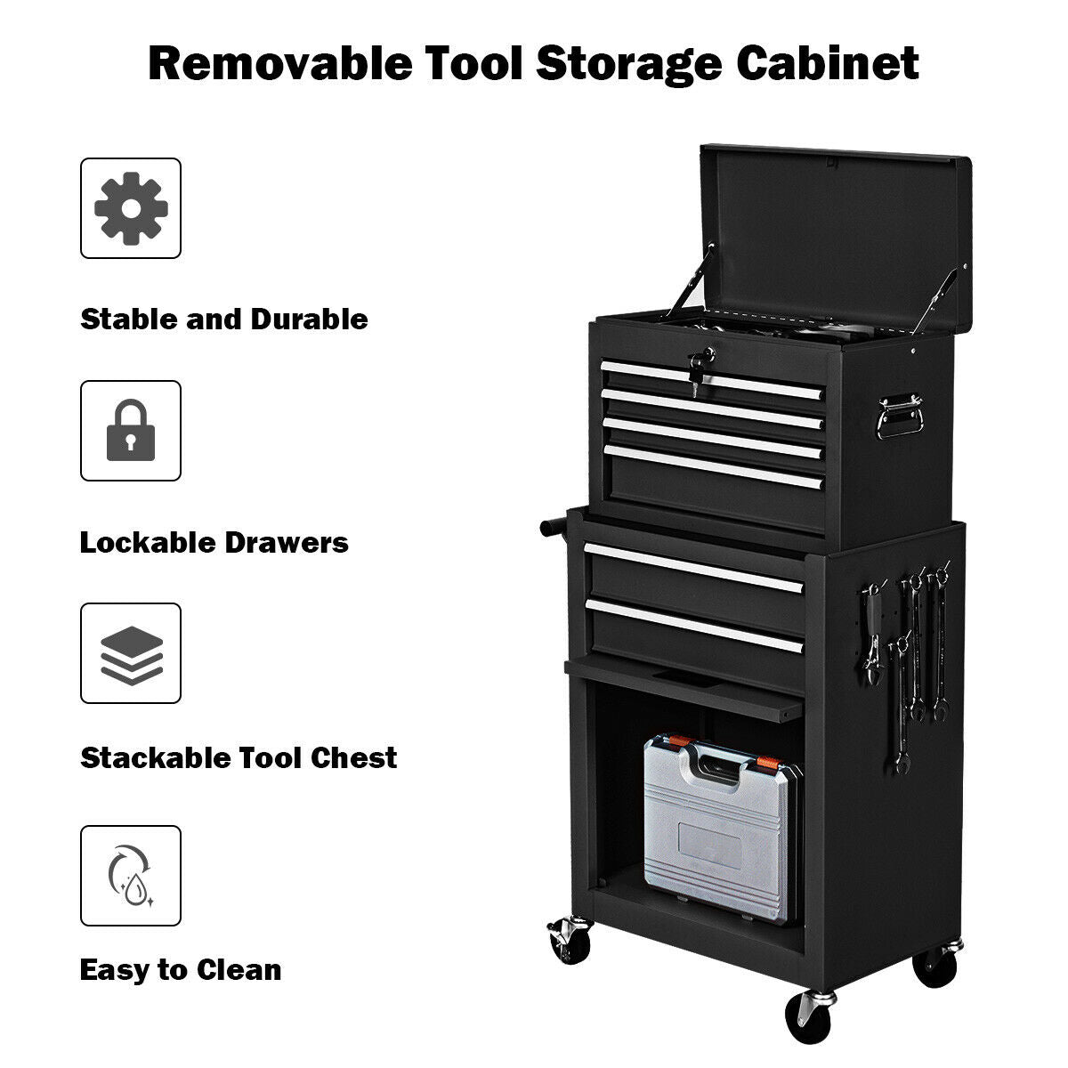 Rolling Cabinet Storage Chest Box Garage Toolbox-Black with lockable drawers, universal wheels, durable steel for tool organization
