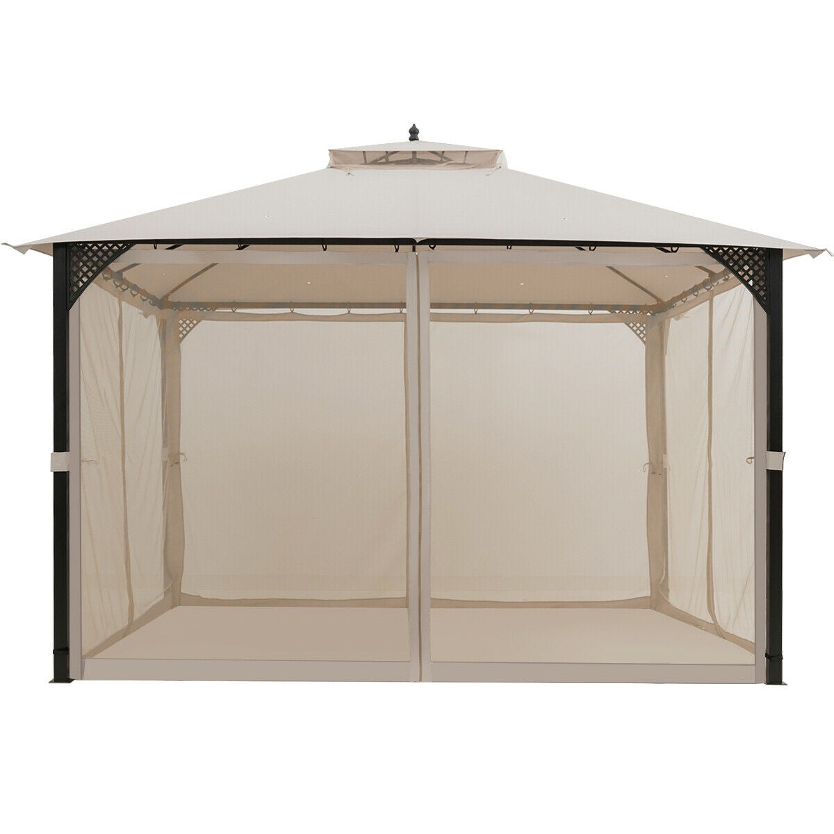 12’ x 10’Outdoor Double Top Patio Gazebo-Beige with dual-tiered roof for airflow, steel frame, and spacious shade area.