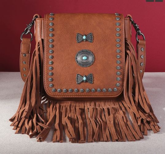 Montana West Fringe Mariposa Concho Collection Crossbody with Native American style, featuring conchos and fringe.