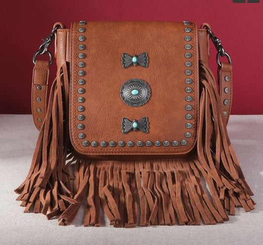Montana West Fringe Mariposa Concho Collection Crossbody with Native American style, featuring conchos and fringe.