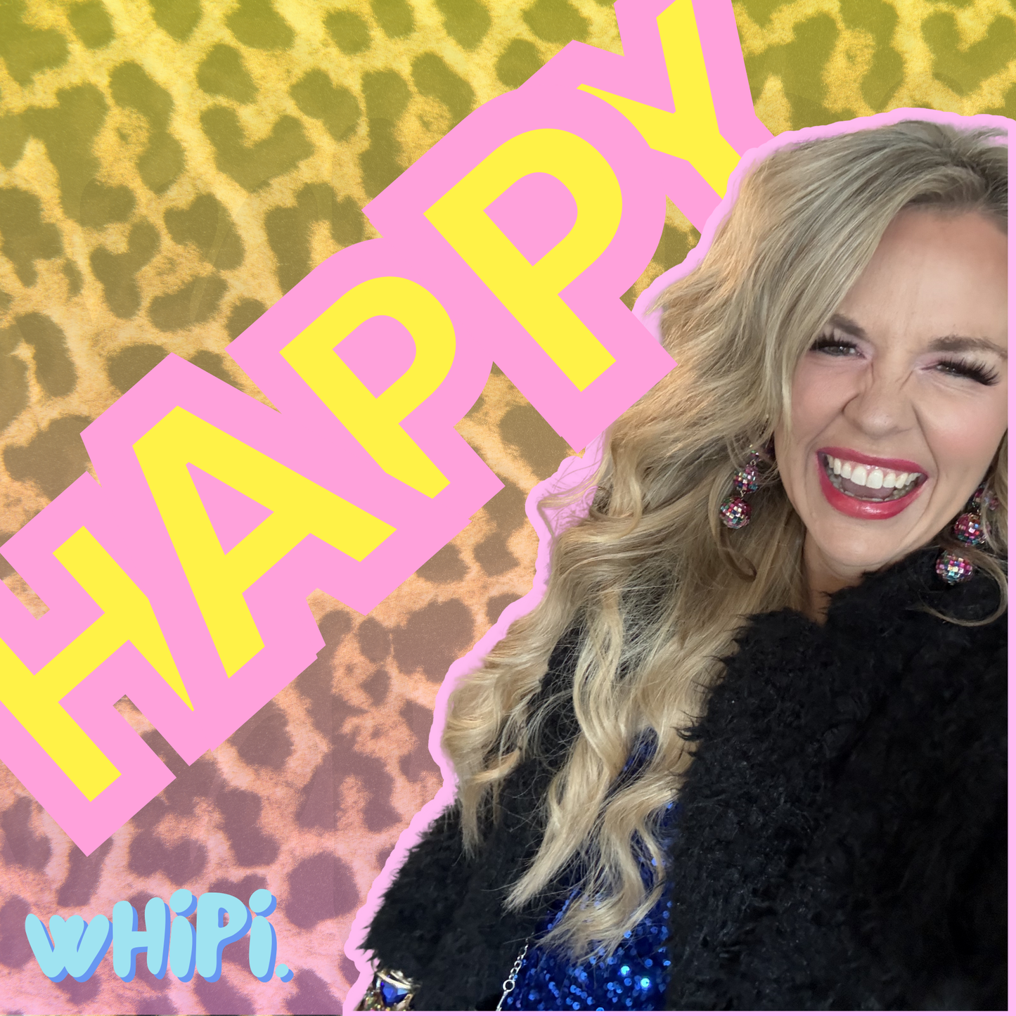 Smiling woman with text 'HAPPY' on leopard print background.