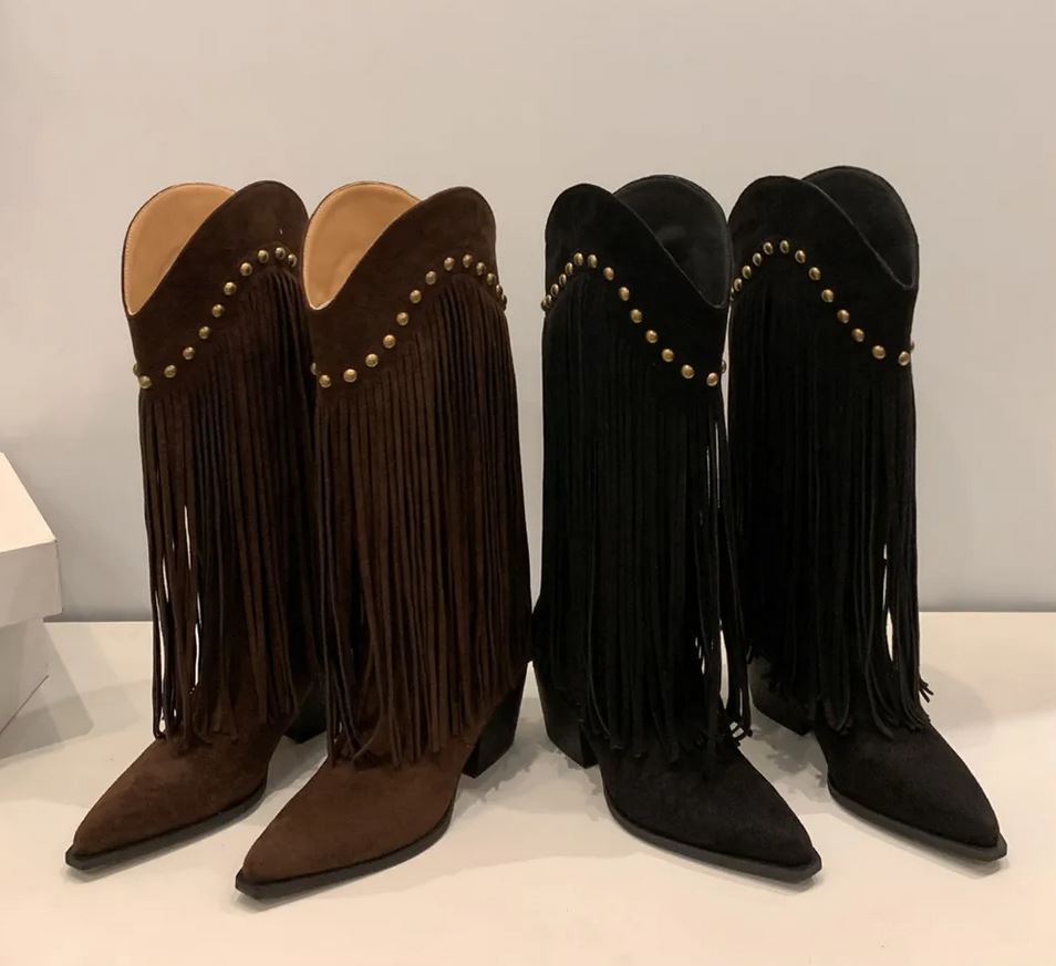 Riveted Fringe Mid-Calf Boots – Stylish Cowgirl Boots with Brass Rivets in brown and black featuring fringed detailing.