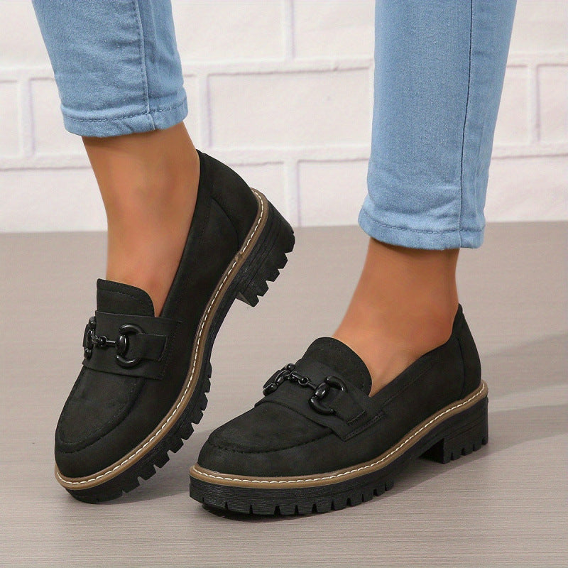 Women’s Horsebit Loafers – Elegant Flat Loafers for Work & Casual Wear in black suede displayed with casual jeans.