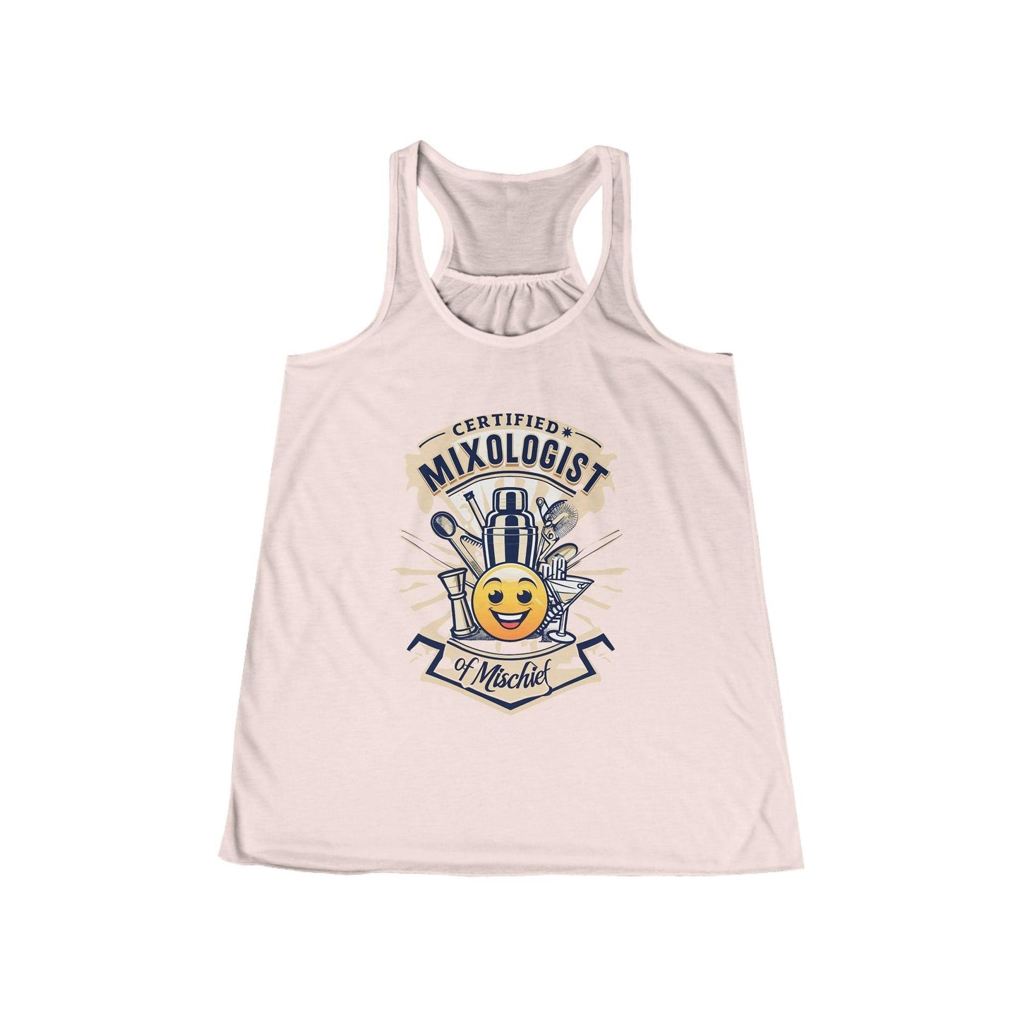 Mixologist of Mischief Womens Racer Back Tank Top with playful text and cocktail design on a soft pink background.