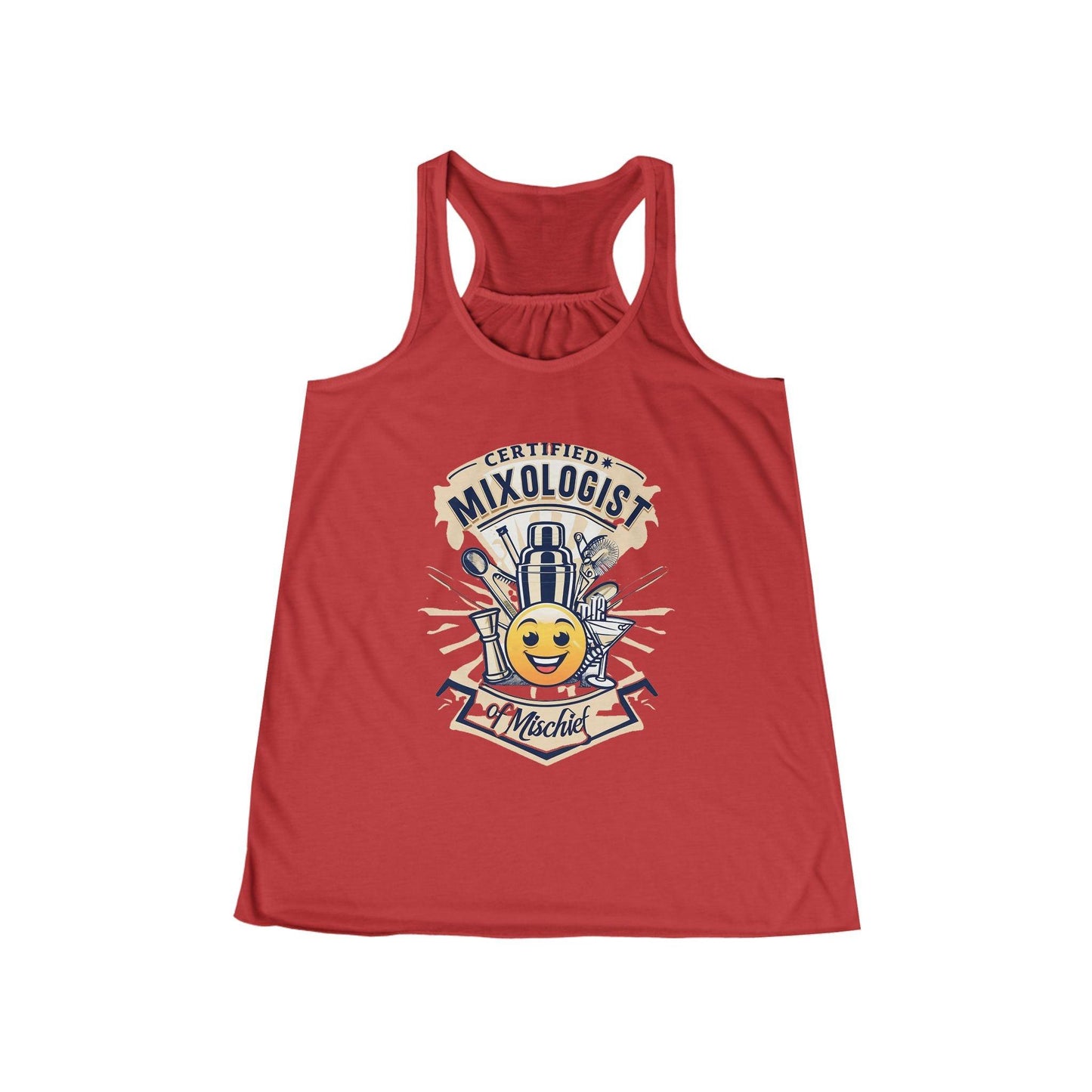 Mixologist of Mischief Womens Racer Back Tank Top in red with vibrant design