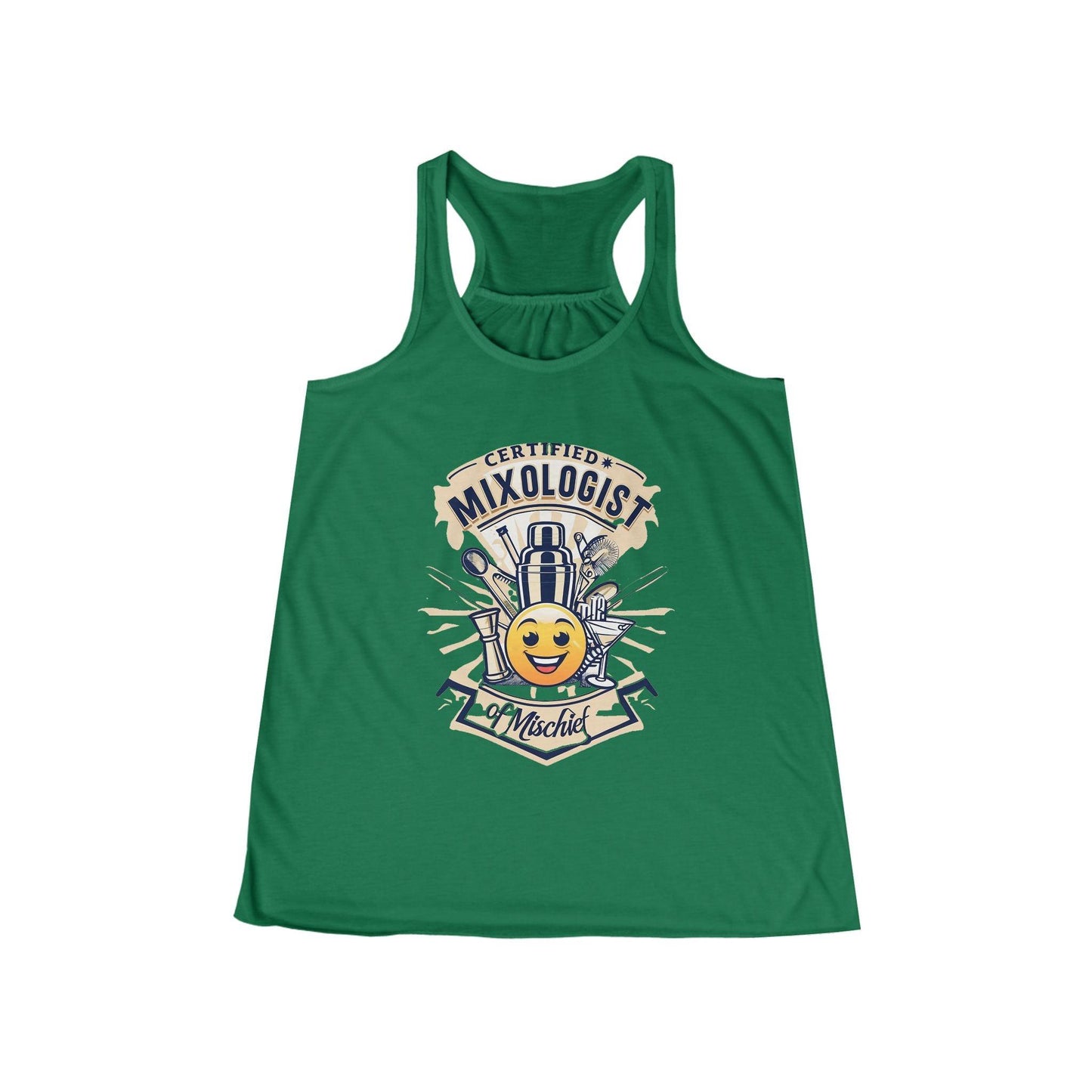 Mixologist of Mischief Womens Racer Back Tank Top in kelly green with playful design for bartenders and waitresses.