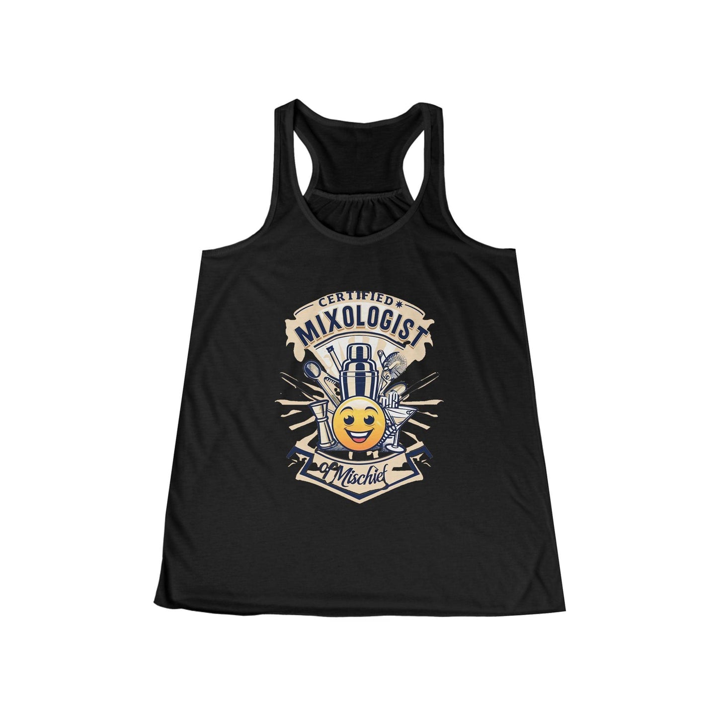 Mixologist of Mischief Womens Racer Back Tank Top with playful certified mixologist design on front in black color.