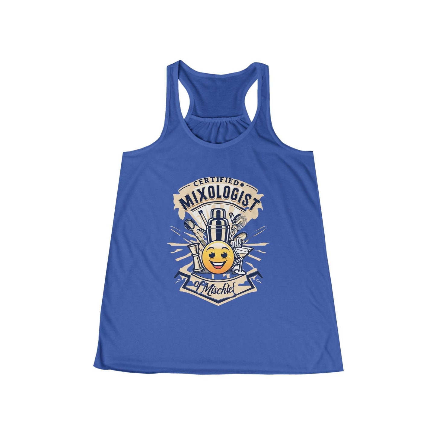 Mixologist of Mischief Womens Racer Back Tank Top in true blue with playful certified mixologist graphic for bartenders and waitresses.