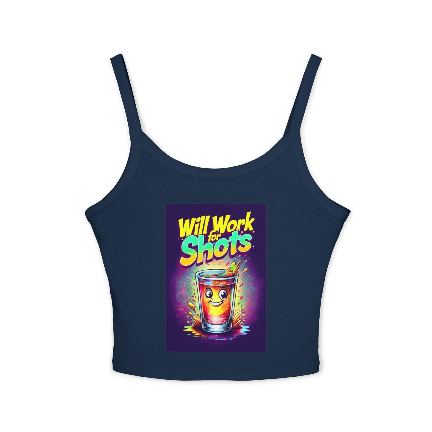 Will Work for Shots Womens Spaghetti Strap Tank Top in navy blue with colorful text and graphic design, perfect for female bartenders.