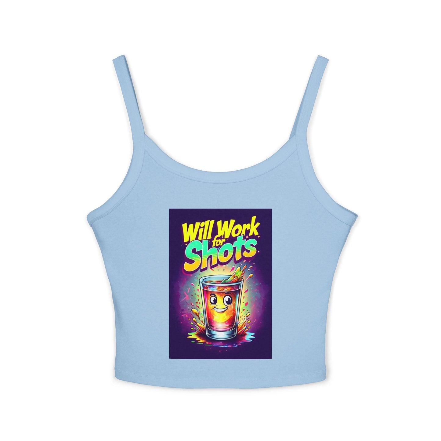 Will Work for Shots Womens Spaghetti Strap Tank Top in light blue with colorful graphic design