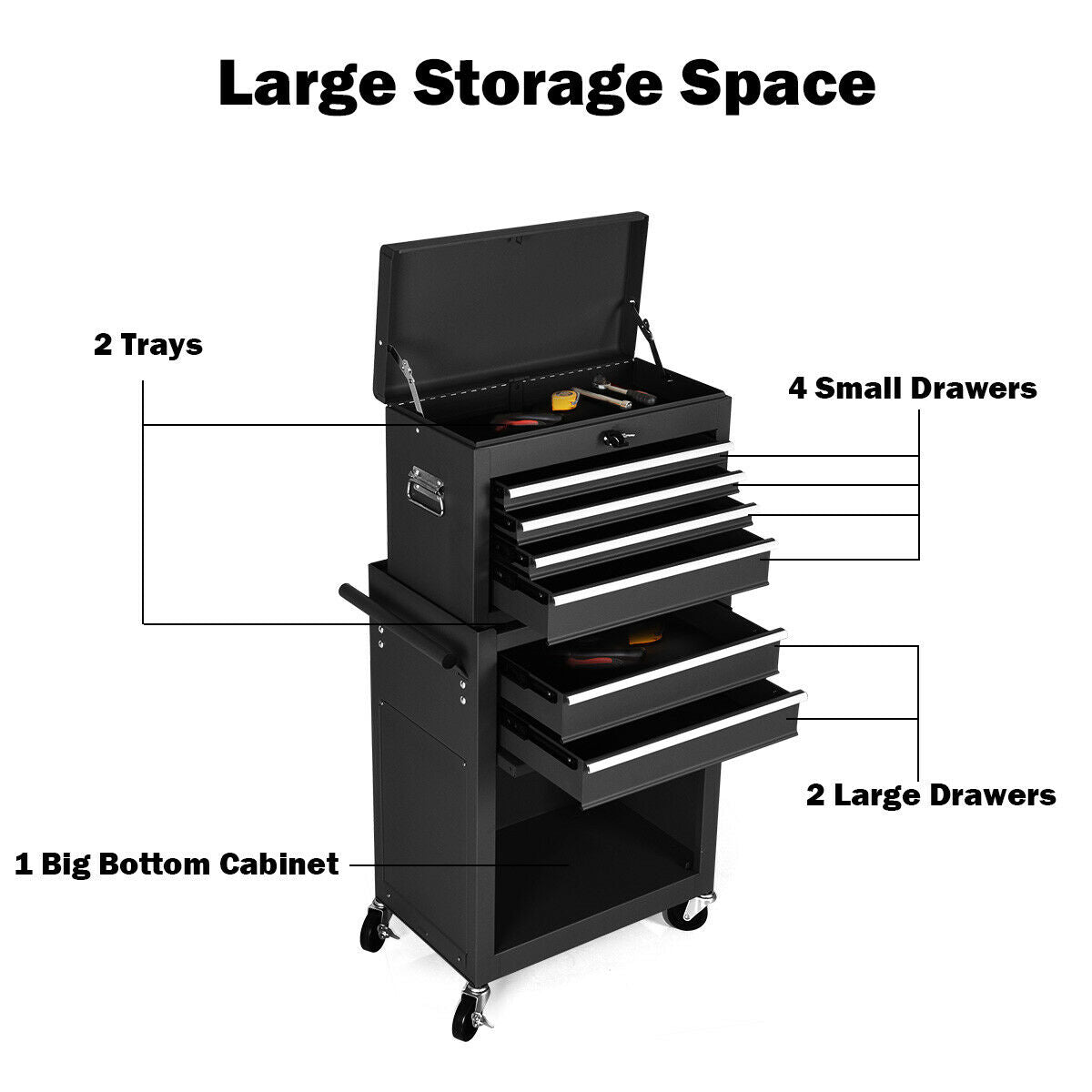 Rolling Cabinet Storage Chest Box Garage Toolbox-Black with large storage space, slide drawers, and lockable design