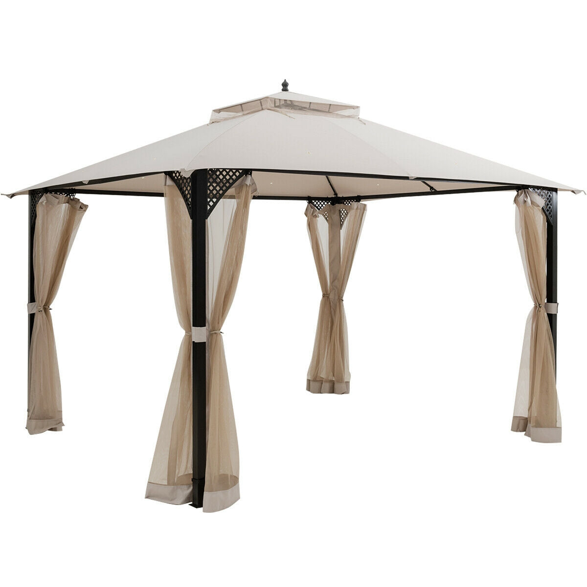 12’ x 10’Outdoor Double Top Patio Gazebo-Beige with dual-tiered roof and durable steel frame, providing ample shade and stability.