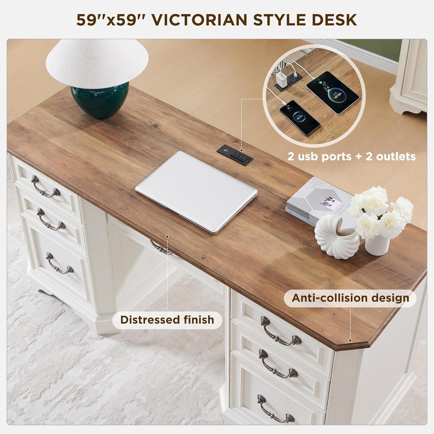 59 Victorian Farmhouse Executive Desk Antique White with wood-grain surface and antique hardware in home office setting