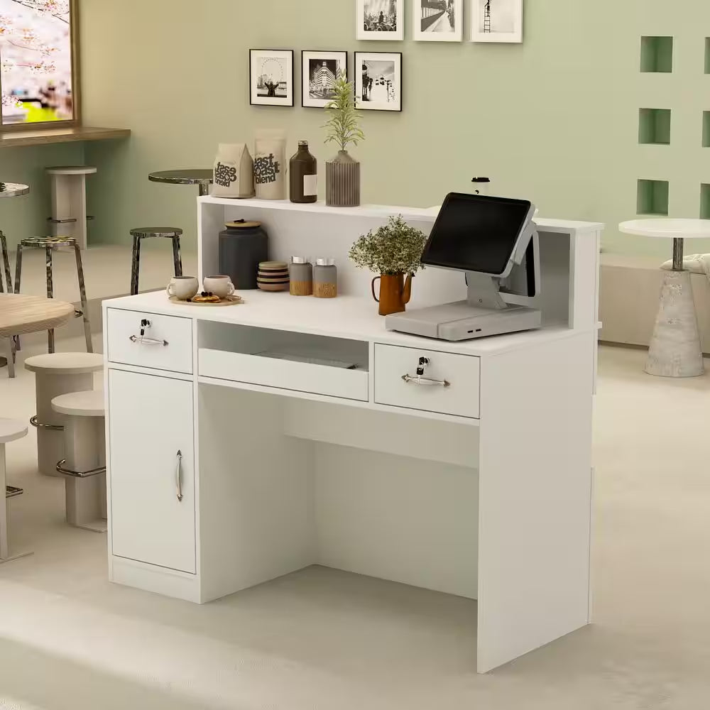 Natural White Corner Computer Desk with Hutch and Storage in a workspace setting.